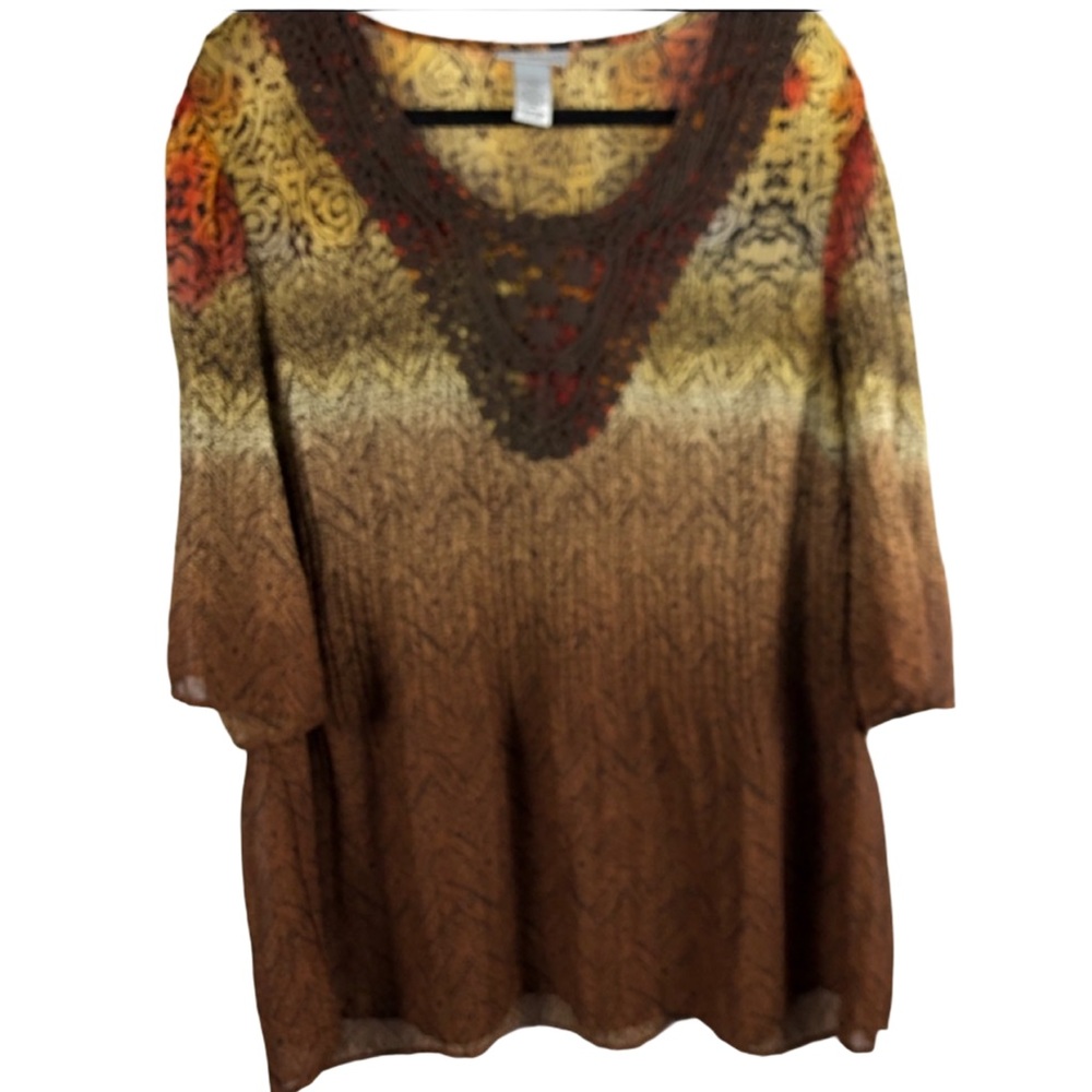 Catherines Top Tunic Crotchet V-neck 3/4 Bell Sleeves Multi print Earth tones 16